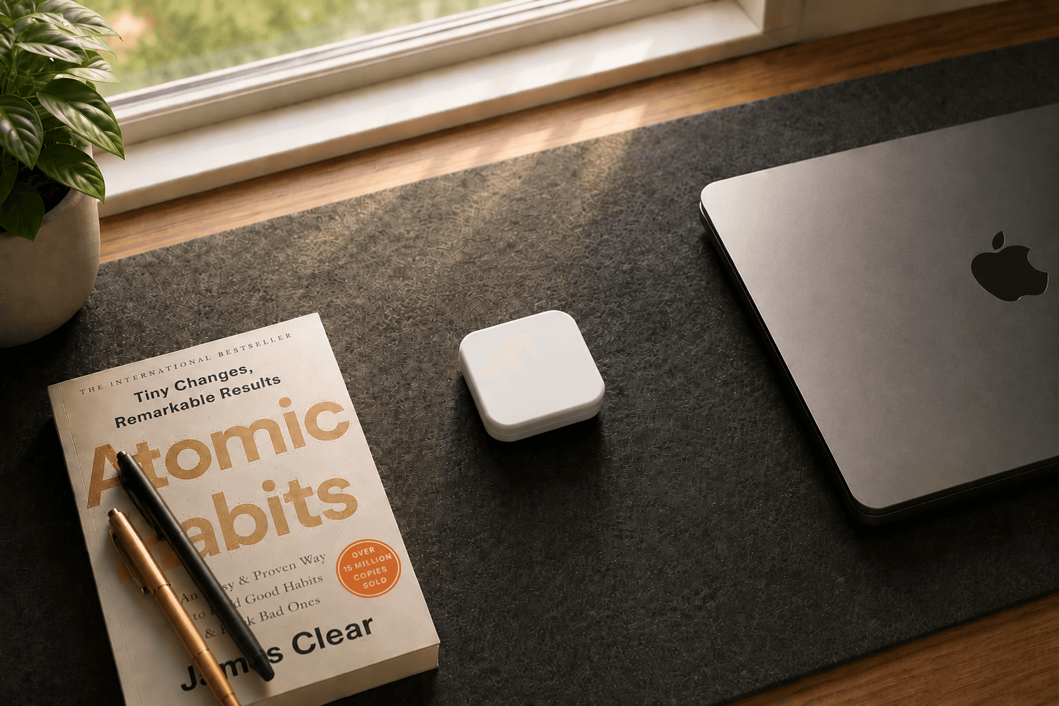 A white Slate block on a desk mat beside a laptop, a copy of Atomic Habits, and a plant by a sunlit window
